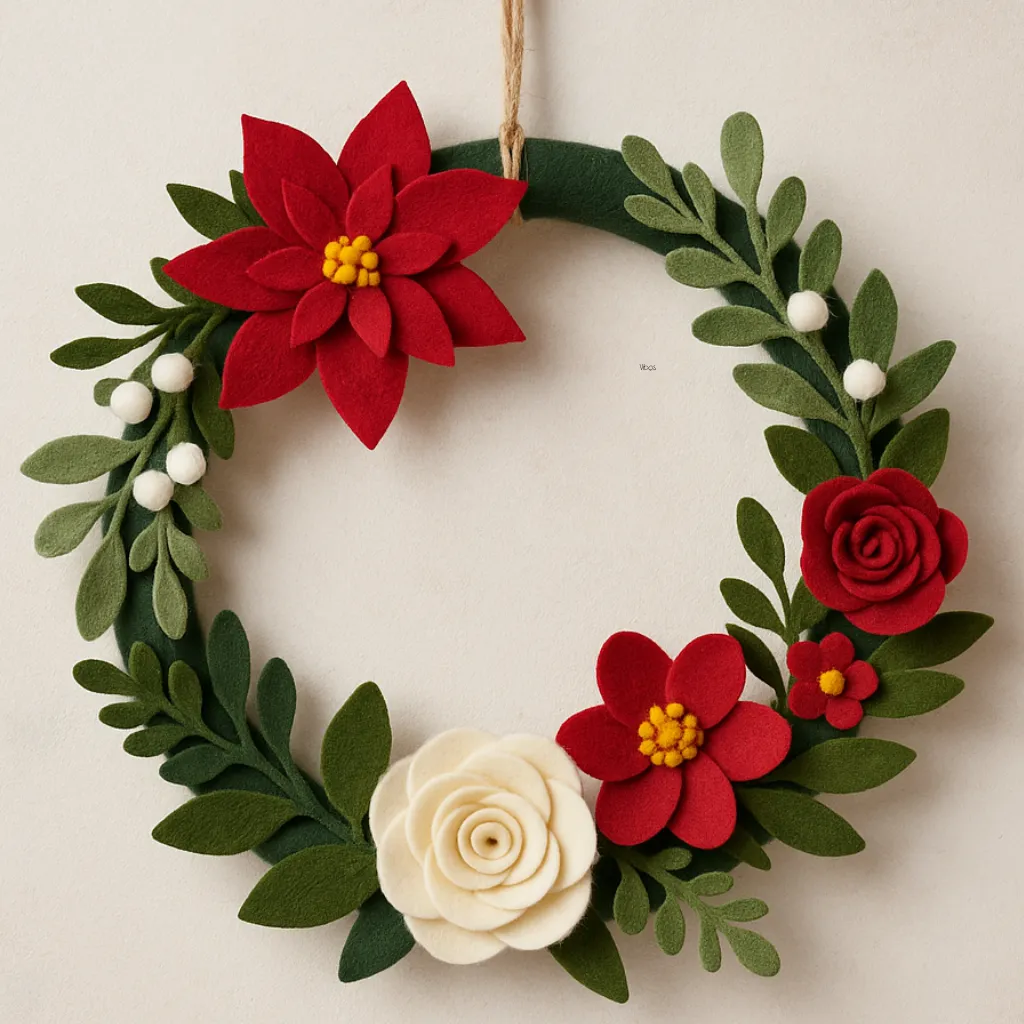 Handmade felt flower Christmas wreath on a ribbon-wrapped metal ring, crafted at a festive wreath workshop in Hull.