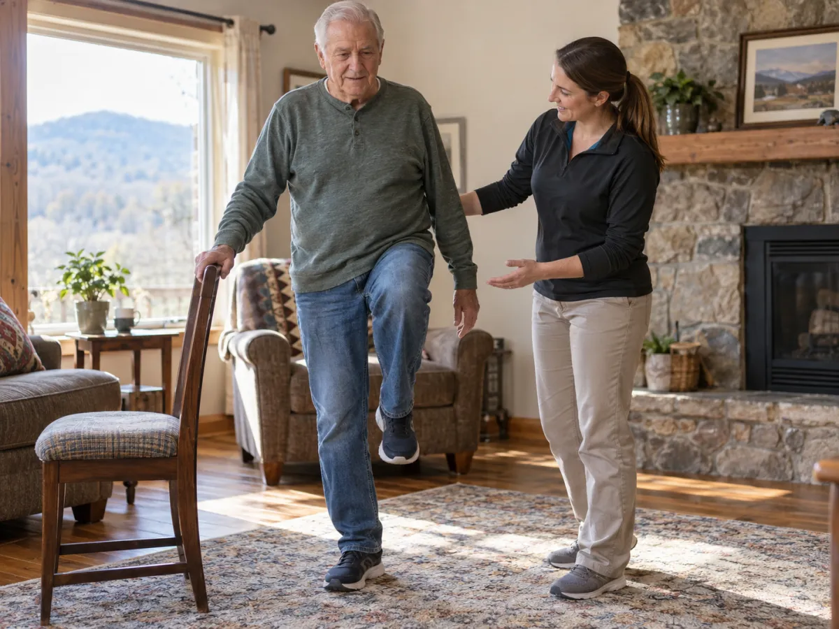 Illustrative image of a therapist supporting an older adult during a balance exercise at home