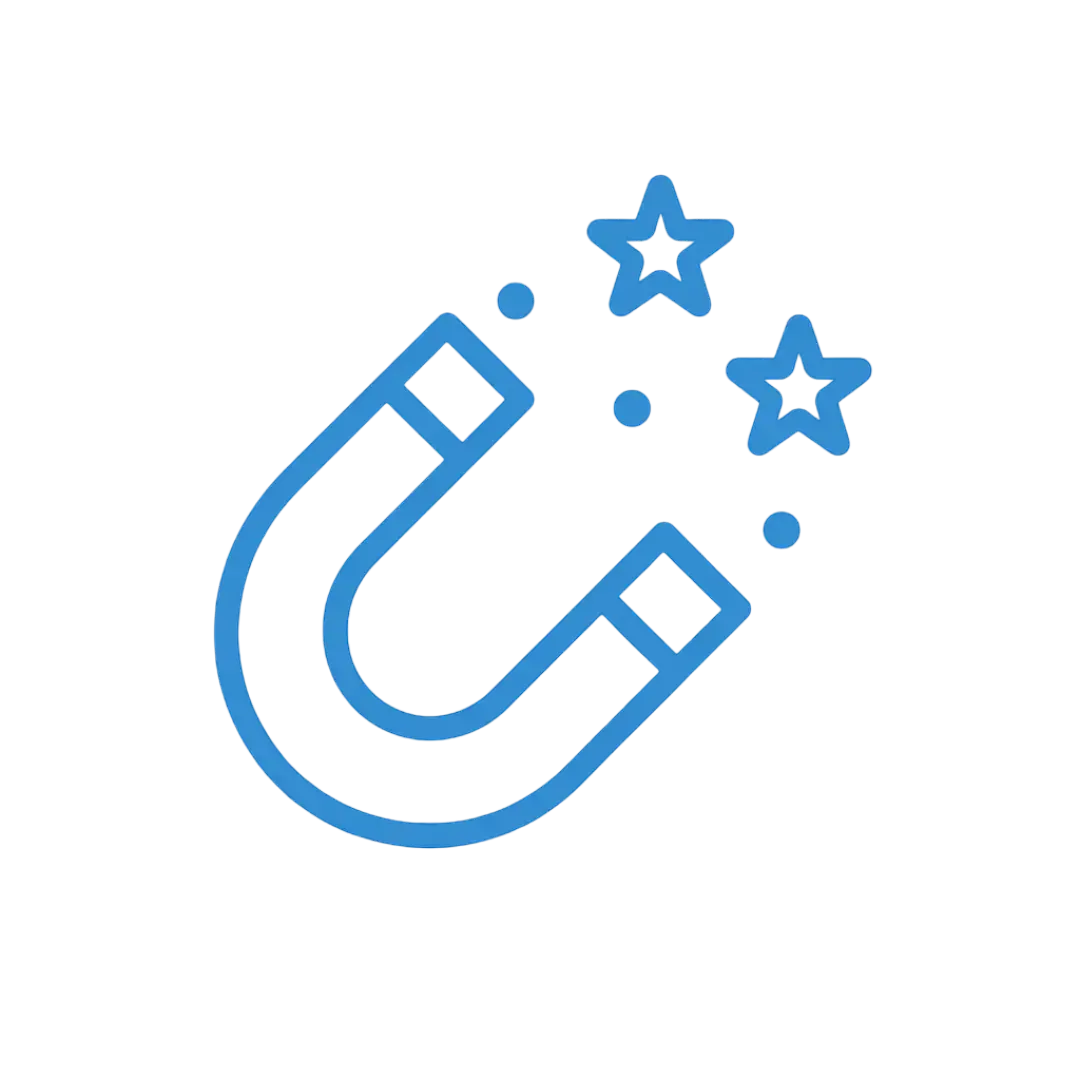 Blue horseshoe magnet pulling stars and dots symbolizing qualified lead generation, ClickVSG.