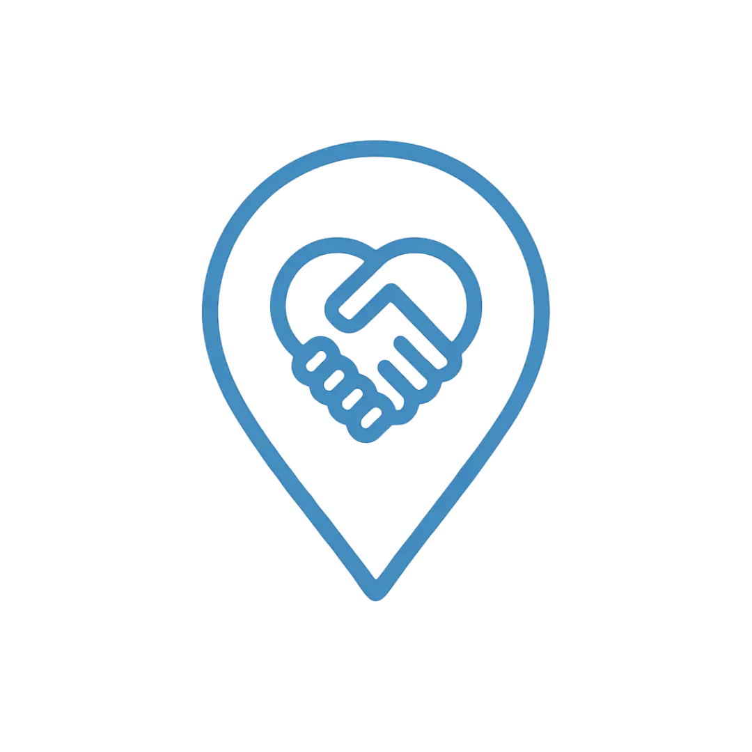 Blue map pin with handshake inside symbolizing trusted local service based businesses, ClickVSG.