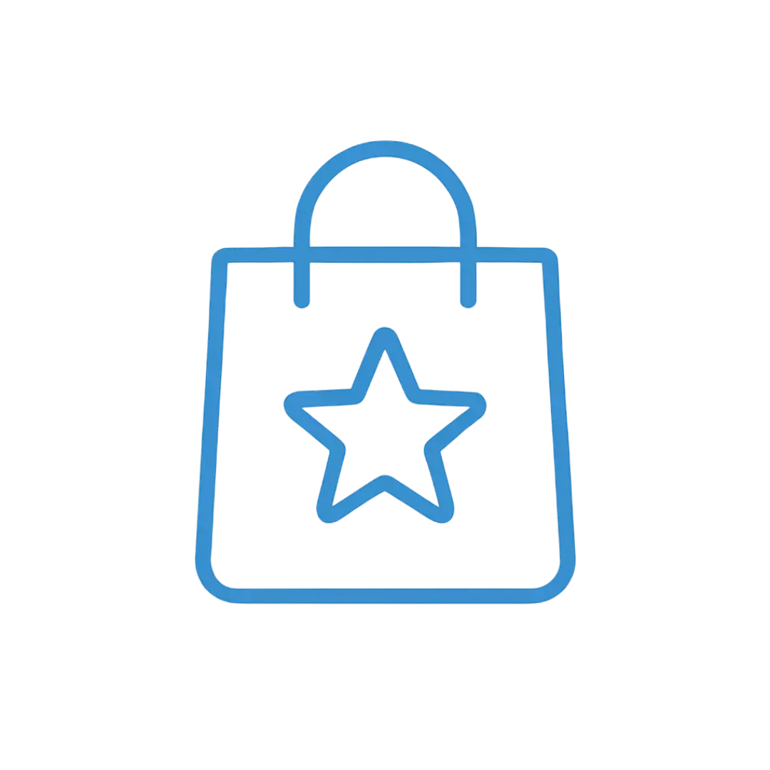 Blue shopping bag with centered star representing retail offers and featured products, ClickVSG.