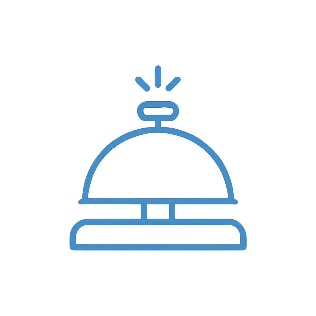 Blue service bell with small spark suggesting attentive hospitality service, ClickVSG.