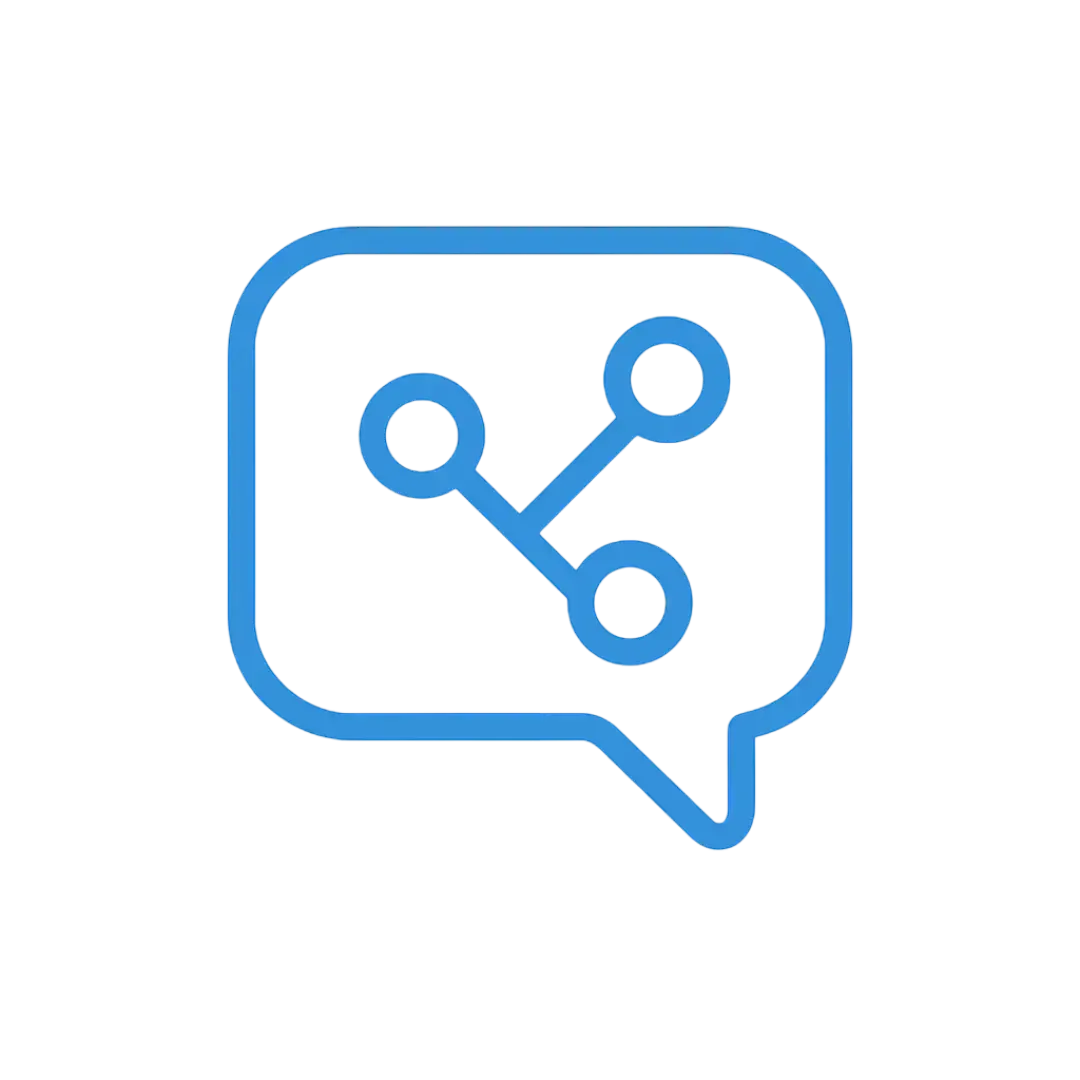 Flat blue speech bubble with three circuit nodes representing AI chat and voice, ClickVSG.