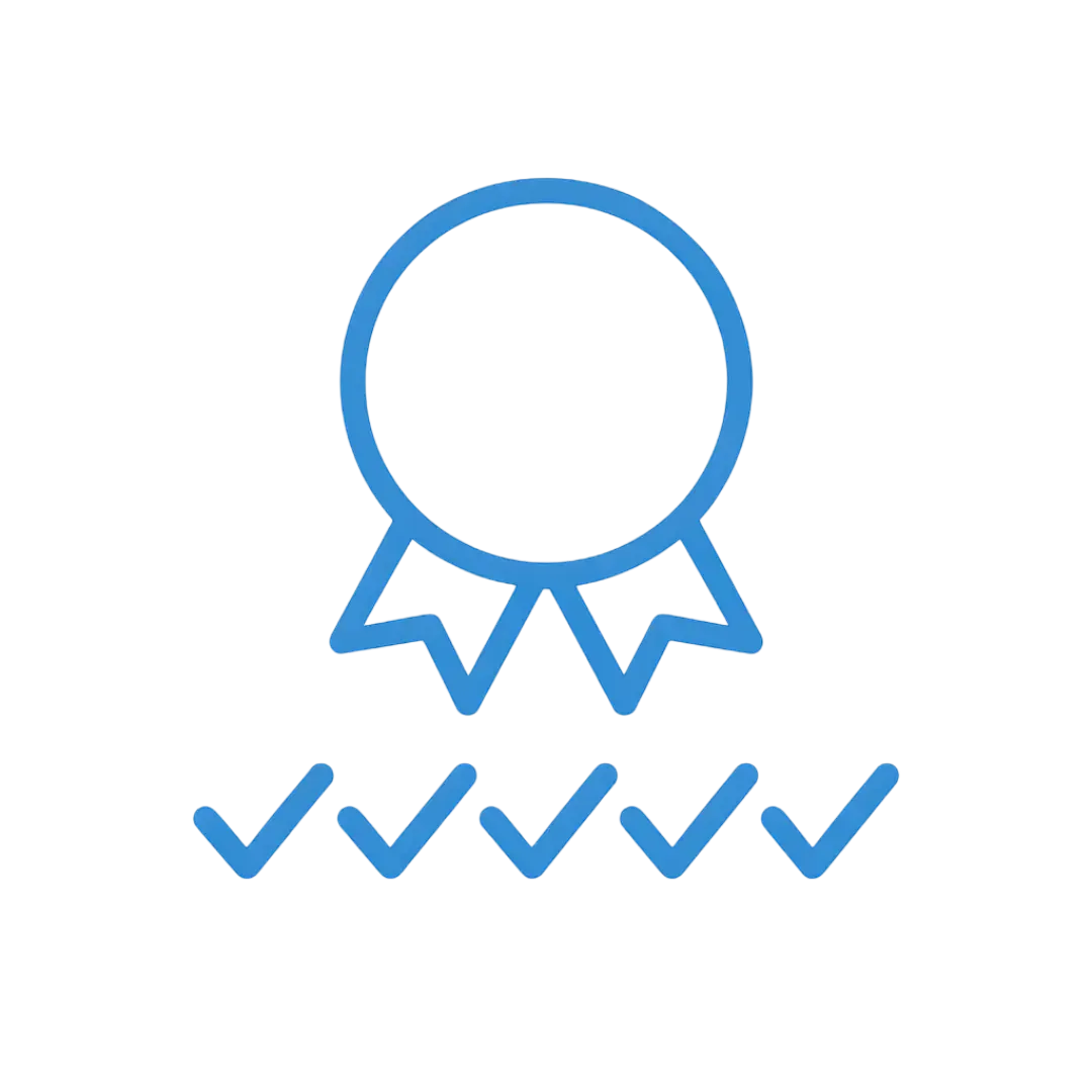 Blue medal with ribbon and five small check marks representing strong reputation, ClickVSG.