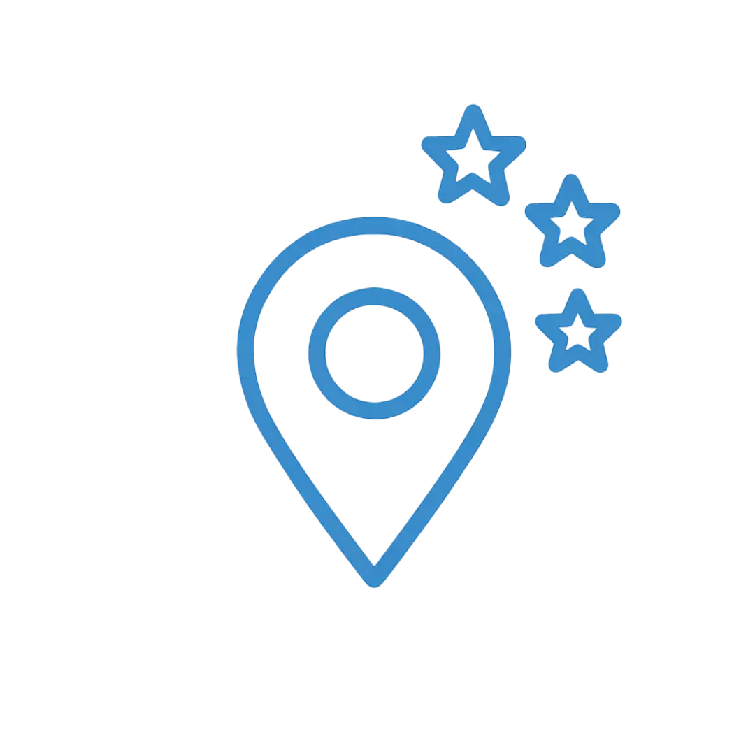 Blue map pin with three small stars indicating high visibility in the local map pack, ClickVSG.