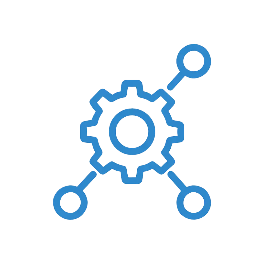 Blue gear connected to three dots showing AI workflow automation hub to actions, ClickVSG.