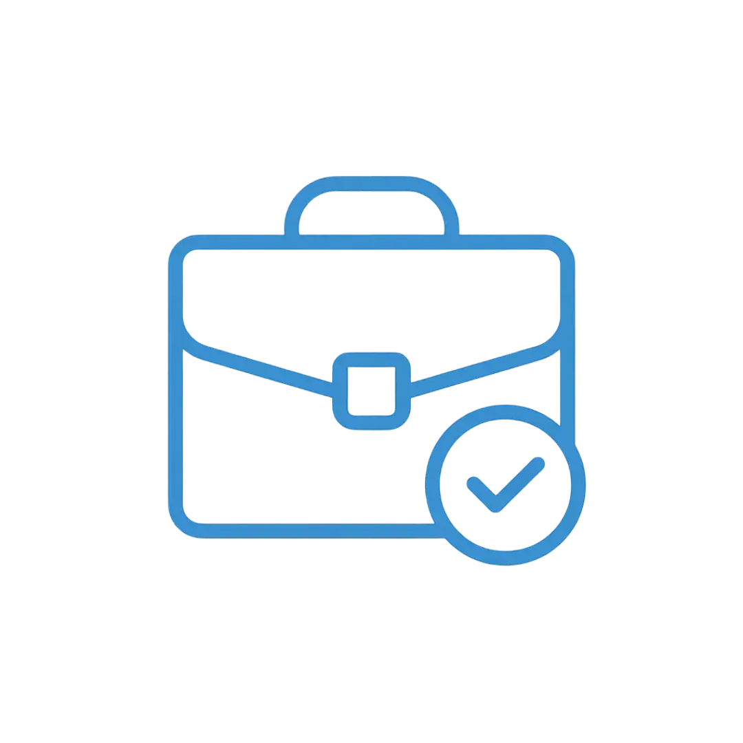 Blue briefcase with check mark badge representing verified professional services, ClickVSG.