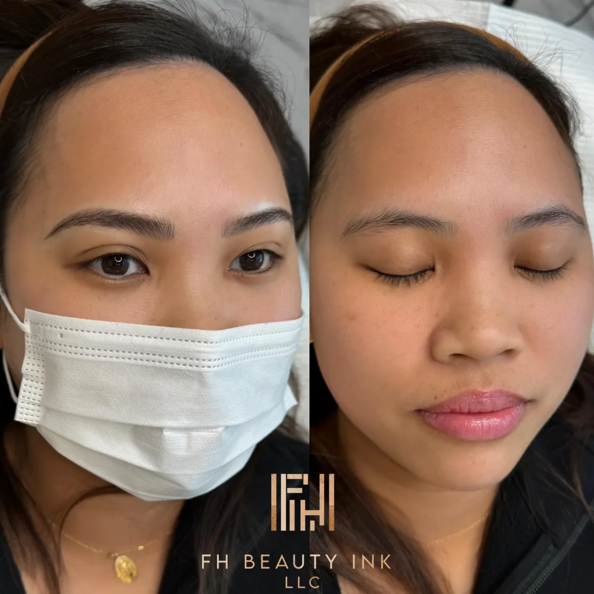 Before and after microblading results showing a bold, defined brow shape from FH Beauty Ink