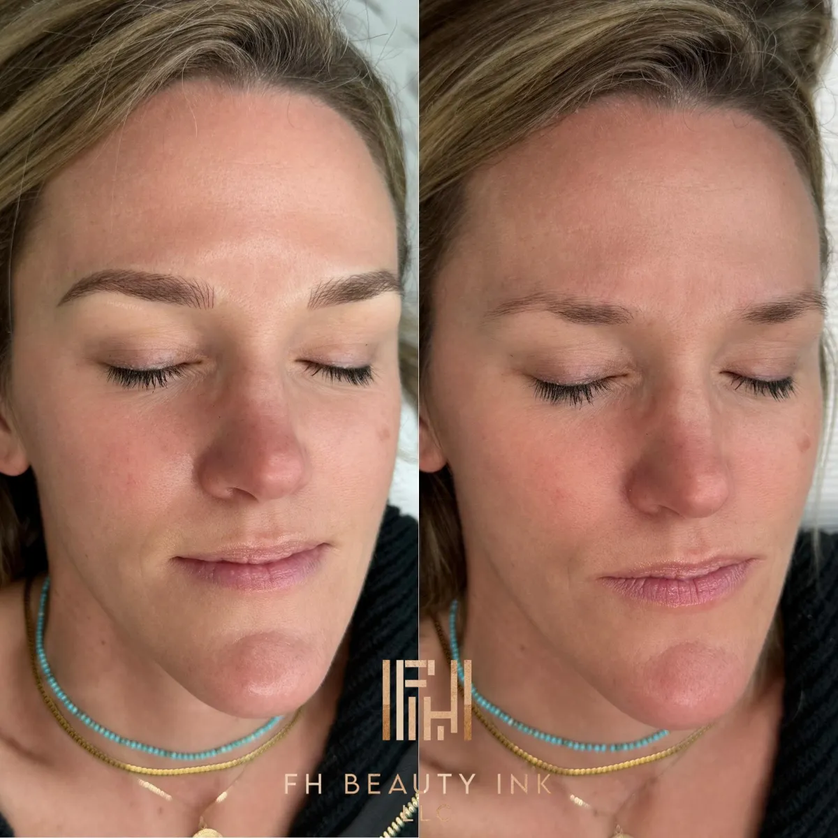 Before and after microblading creating a soft, feathered look by FH Beauty Ink