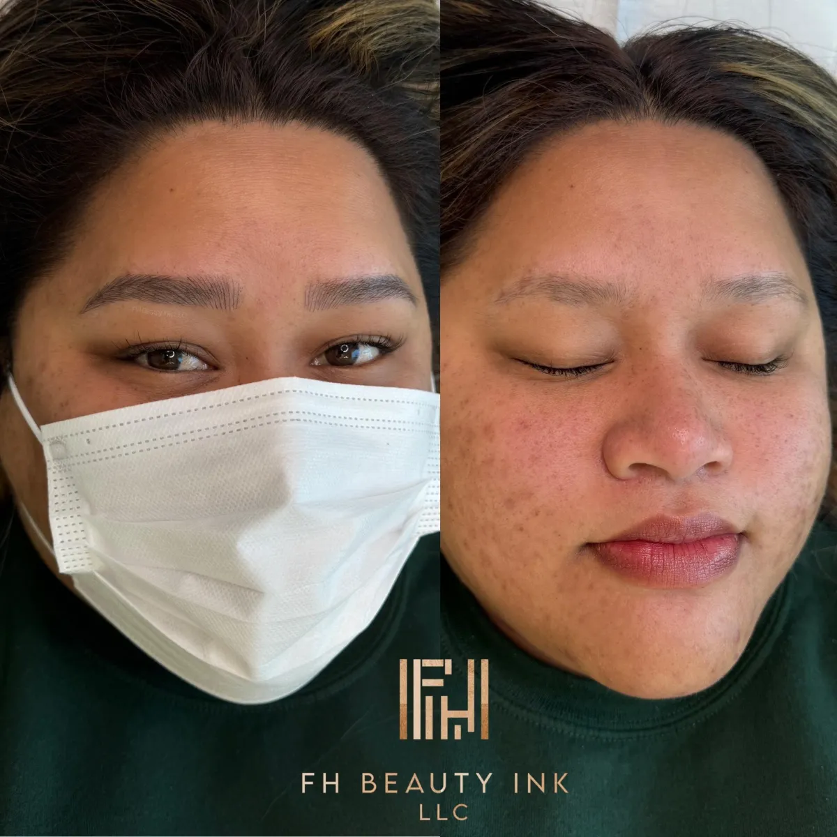Before and after microblading creating a soft, feathered look by FH Beauty Ink
