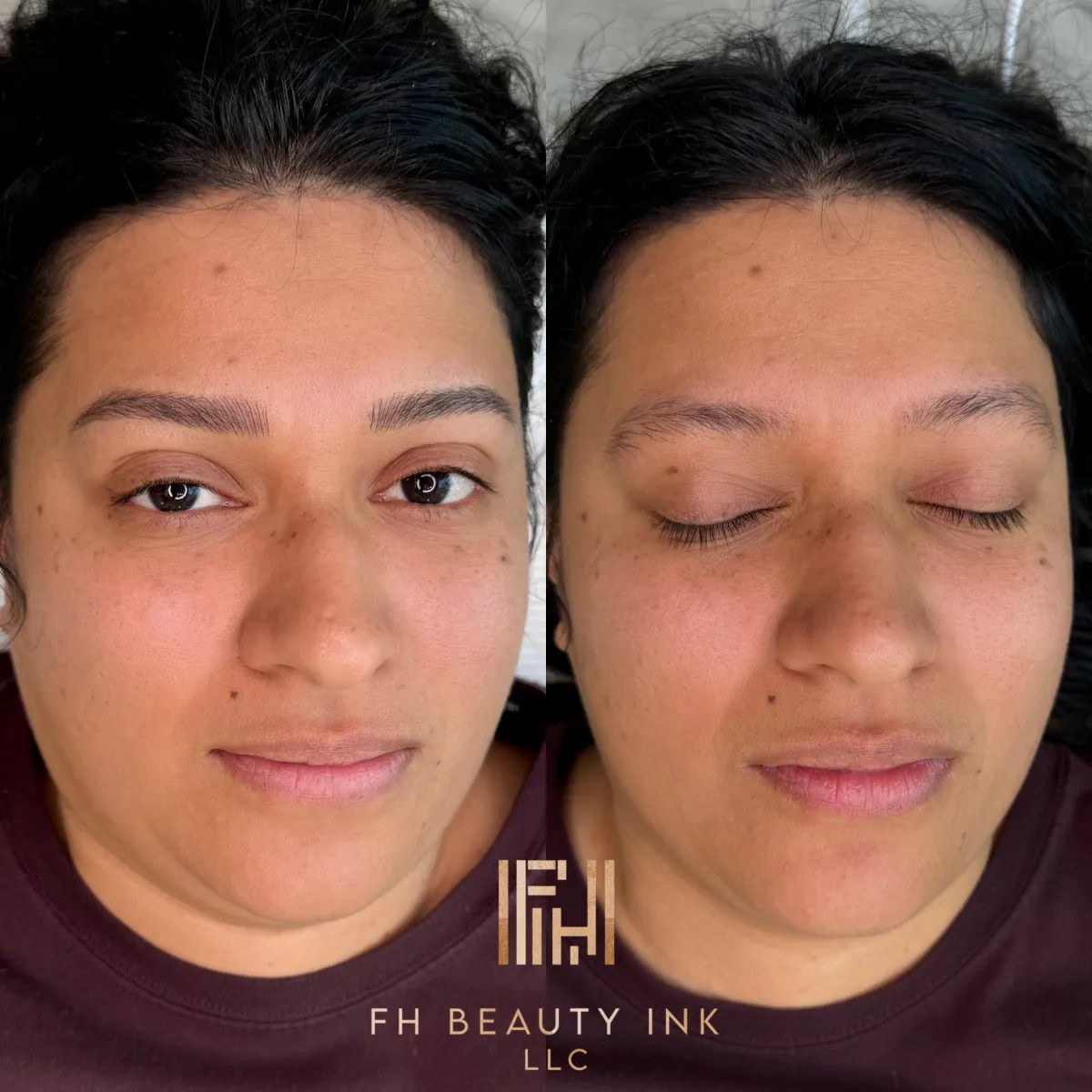 Before and after microblading results showing a bold, defined brow shape from FH Beauty Ink