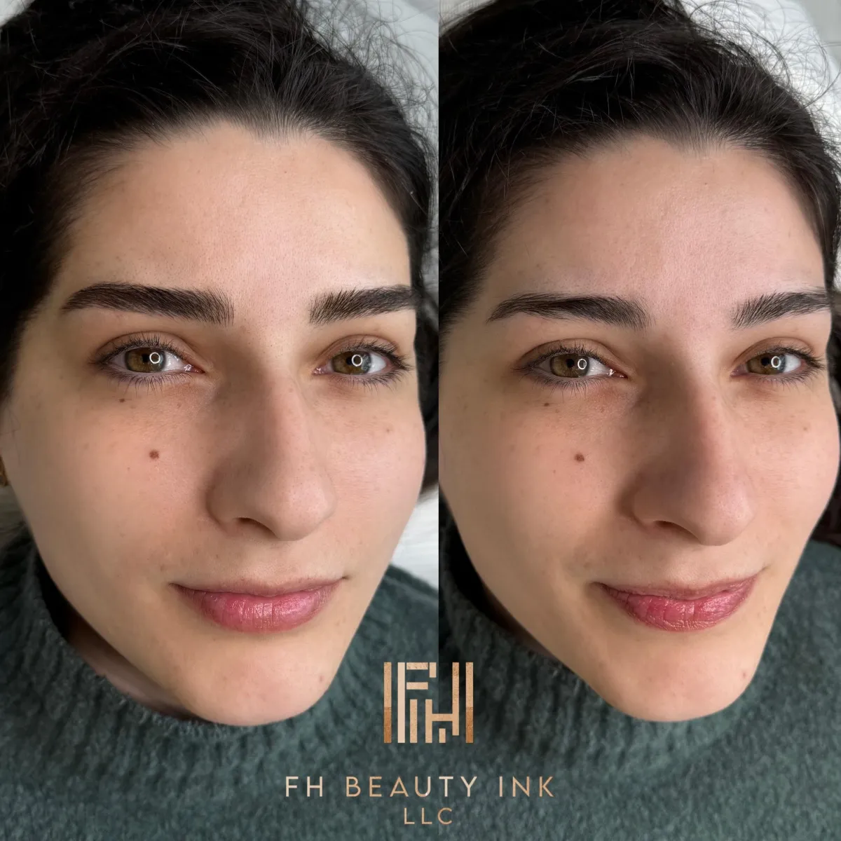 Before and after microblading results showing a bold, defined brow shape from FH Beauty Ink