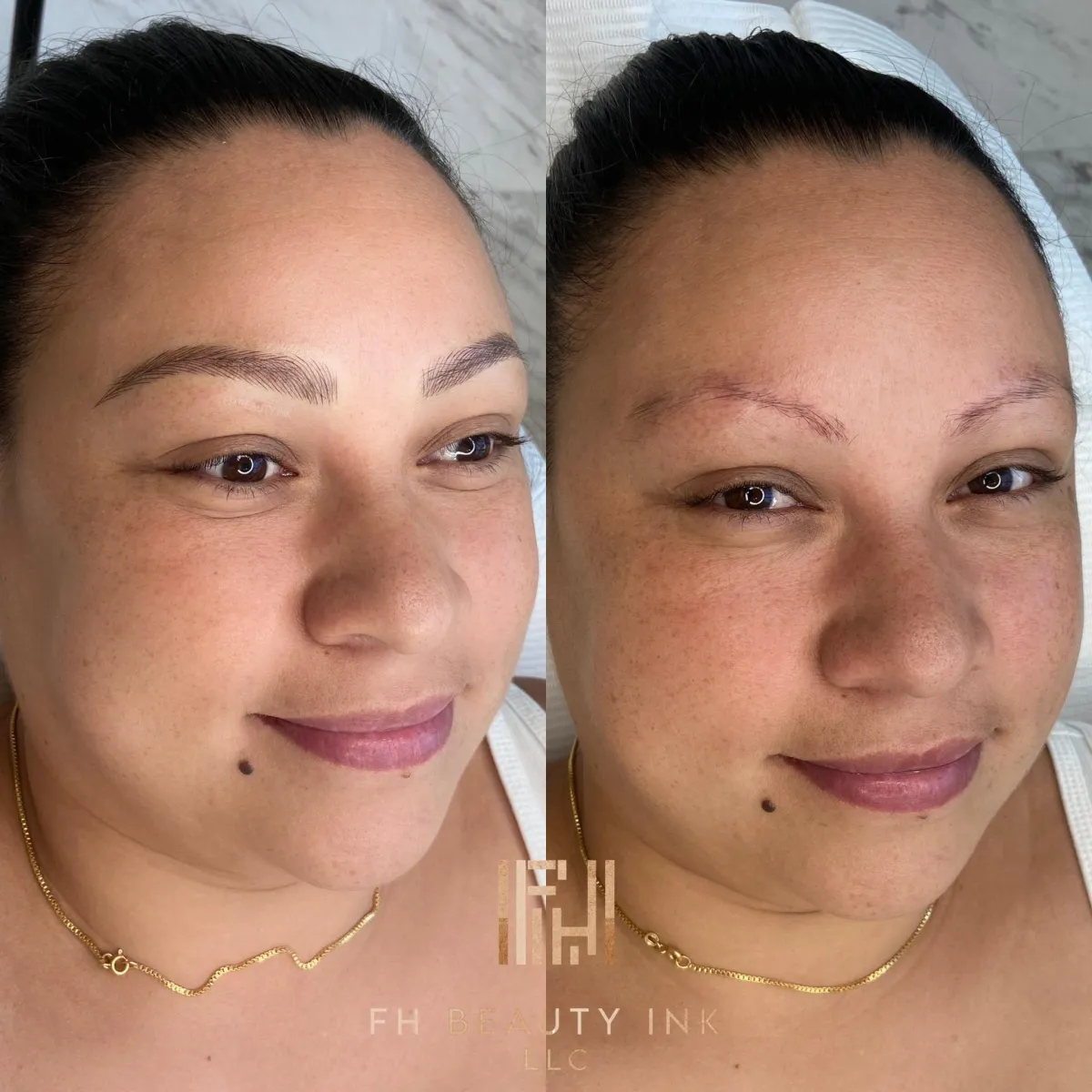 Before and after microblading for natural everyday brows at FH Beauty Ink in Burbank