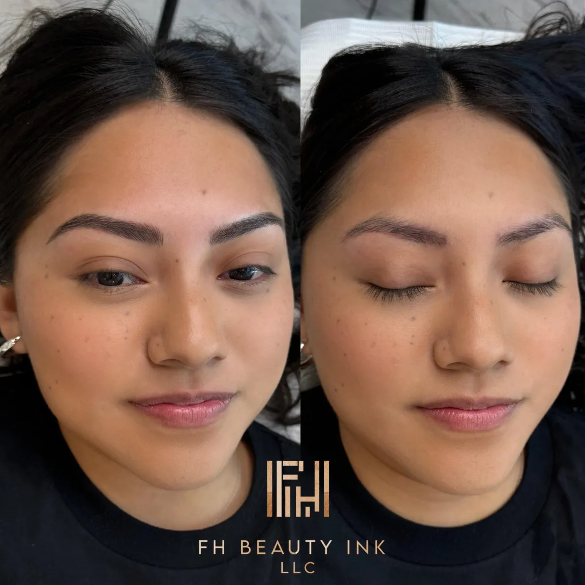 Before and after microblading creating a soft, feathered look by FH Beauty Ink