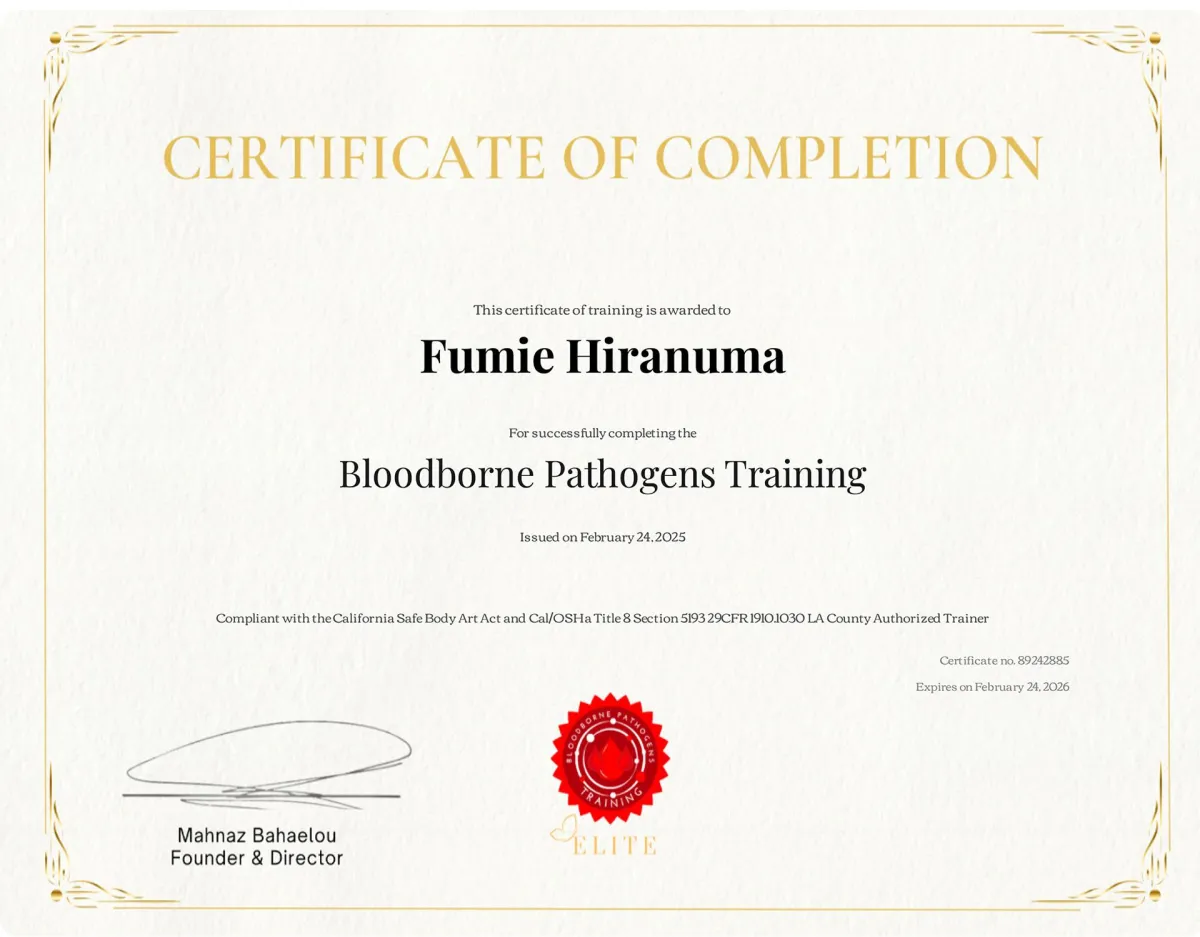 FH Beauty Ink LLC - Bloodborne Pathogens Training Certificate