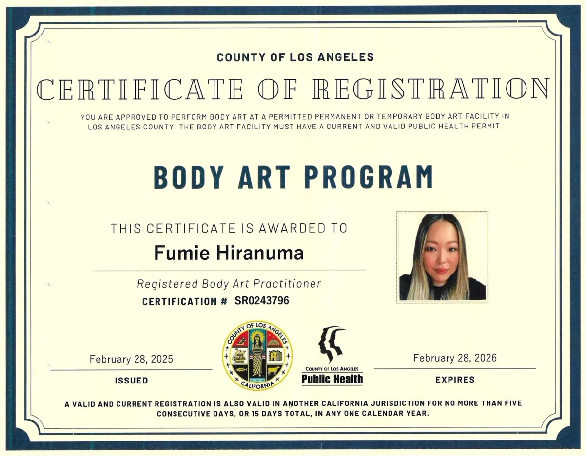 FH Beauty Ink LLC - Body Art Program Certificate