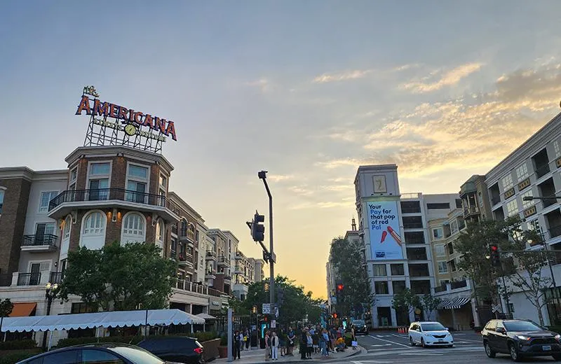 Sunset view of The Americana at Brand in Glendale