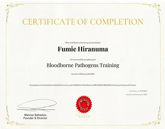 FH Beauty Ink LLC - Bloodborne Pathogens Training Certificate