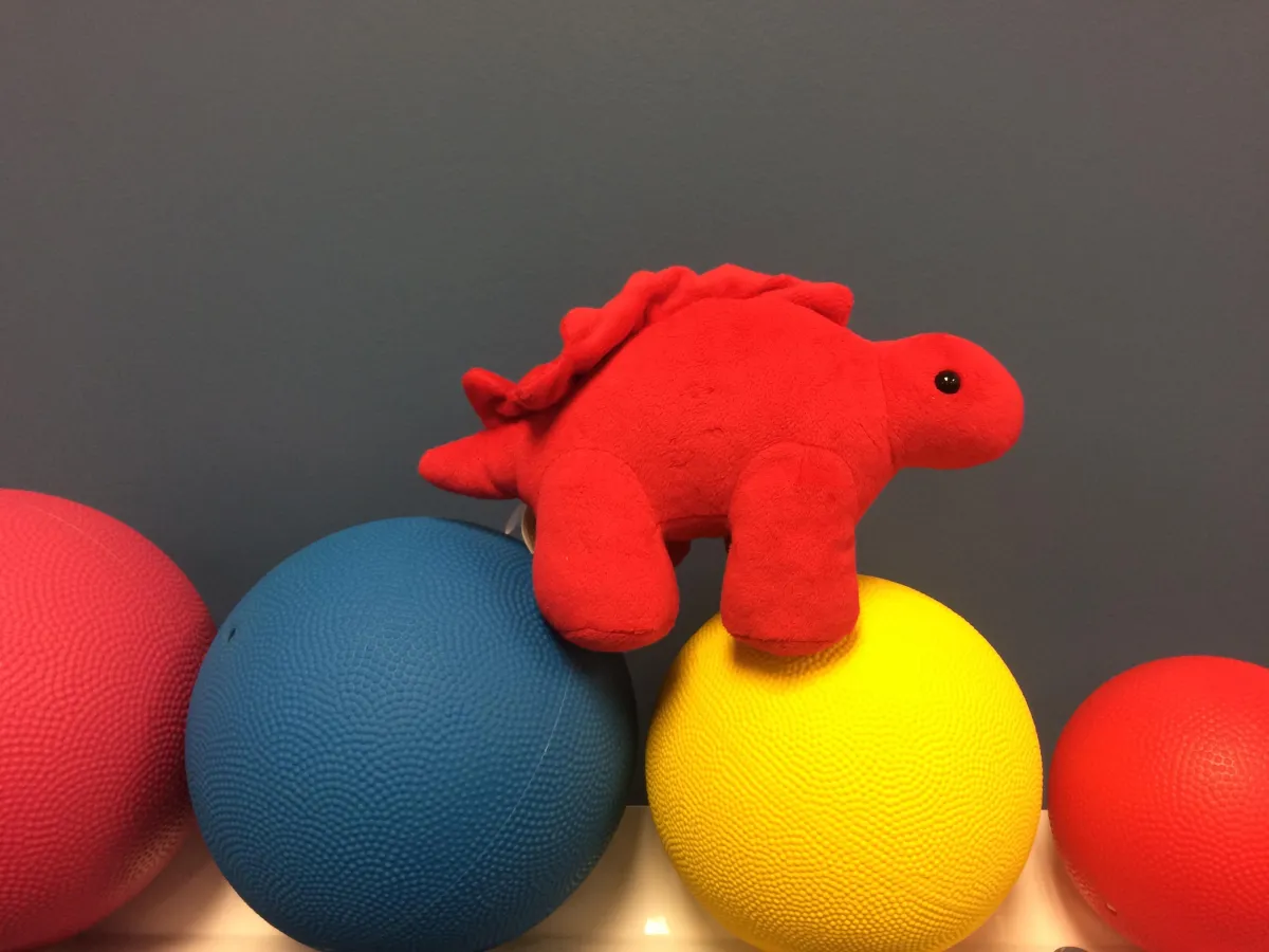 picture of stuffed dinosaur sitting on exercise balls