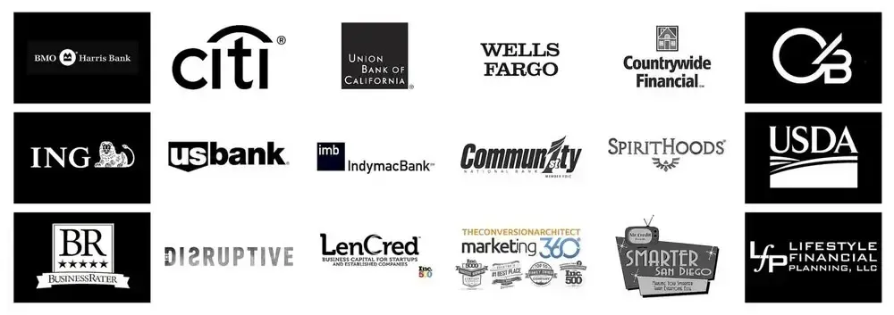 A grid of various financial institution and company logos, including BMO Harris Bank, Citi, Wells Fargo, UNION BANK OF CALIFORNIA, Countrywide Financial Corp., CB, ING, usbank, IndyMac Bank, and USDA—each representing firms known for their outcome-driven strategies.