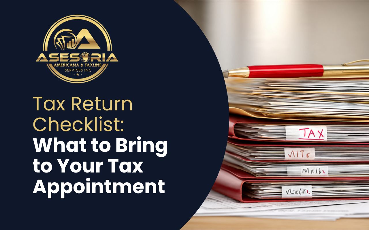 Tax return checklist with organized tax documents needed in a folder for a tax appointment