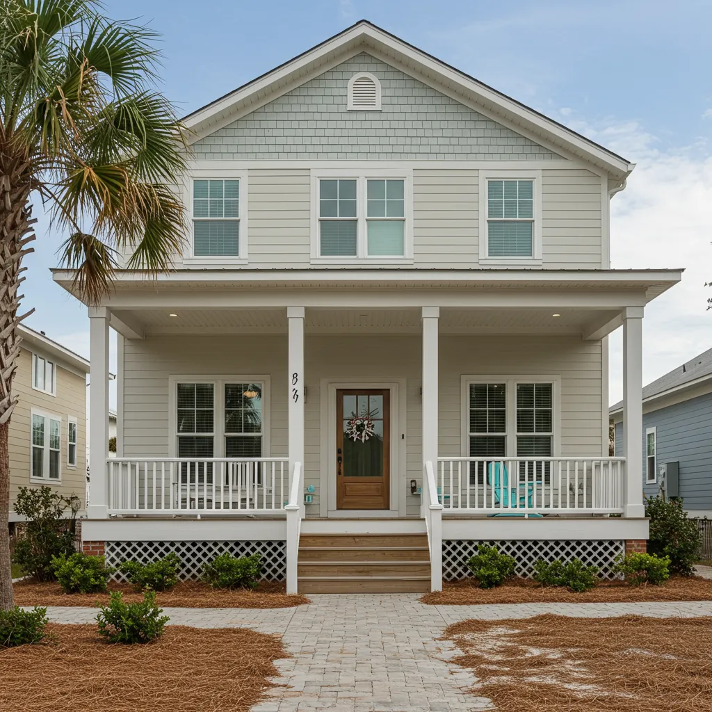 Gulf Shores exterior remodel with new siding, front porch, and coastal design accents