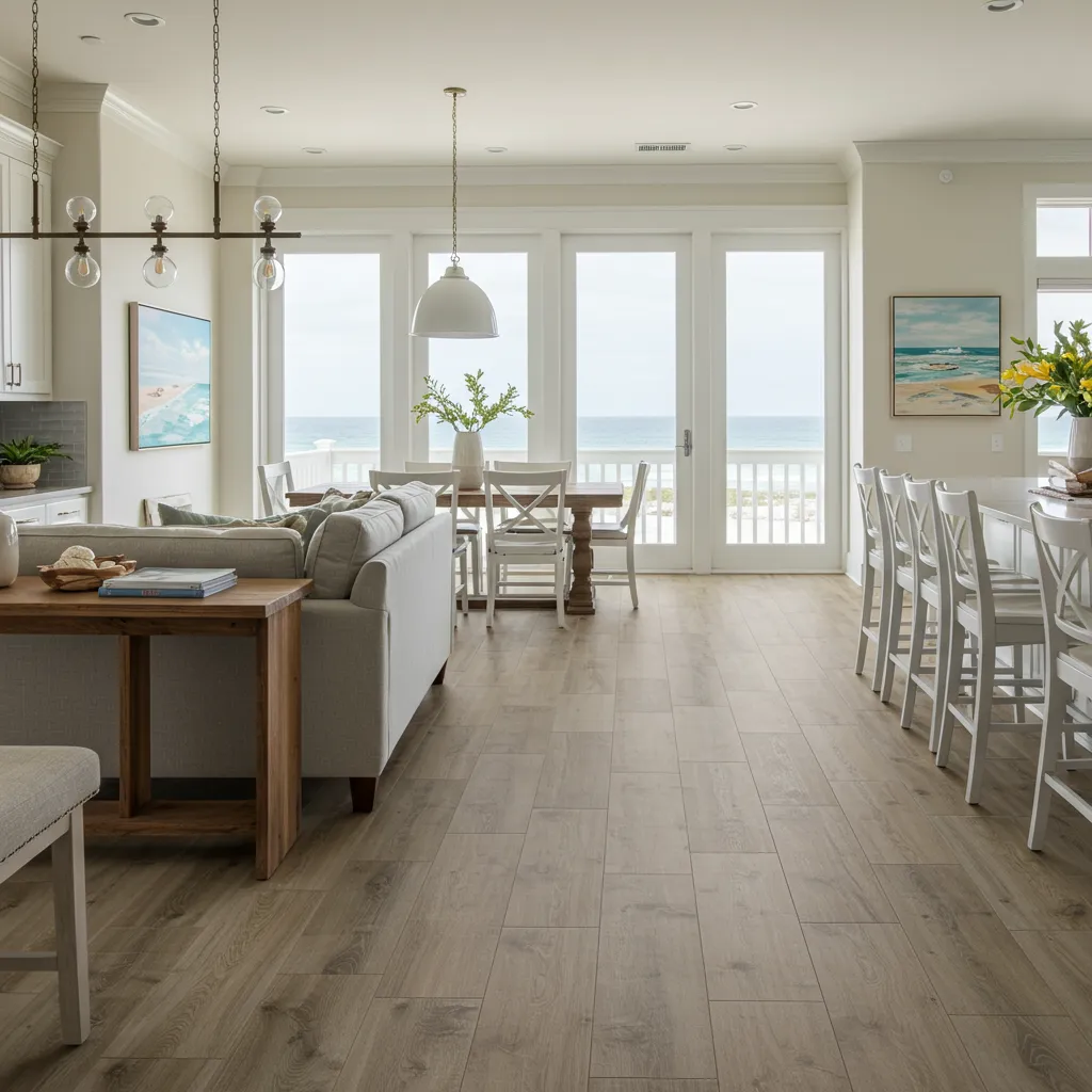Gulf Shores flooring replacement with wood-look tile and bright coastal interior