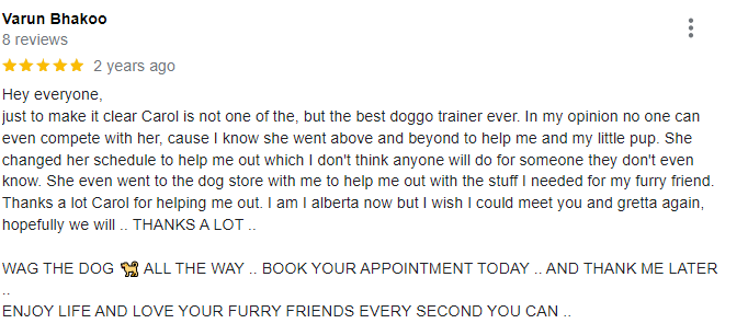 Google Review 5 stars: Just to make it clear, Carol is the best doggo trainer ever. In my opinion no one can even compete with her. Wag the Dog all the way, book your appointment today and thank me later. Enjoy life and love your furry friends every second you can.