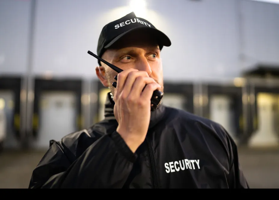 Image of guard with radio used to highlight Krav Maga LKN’s defensive tactics training for security professionals.