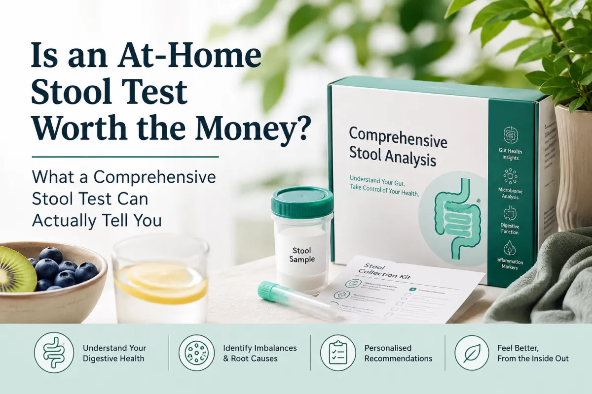 At-home stool test kit for assessing gut health, microbiome diversity, inflammation markers, and digestive function.
