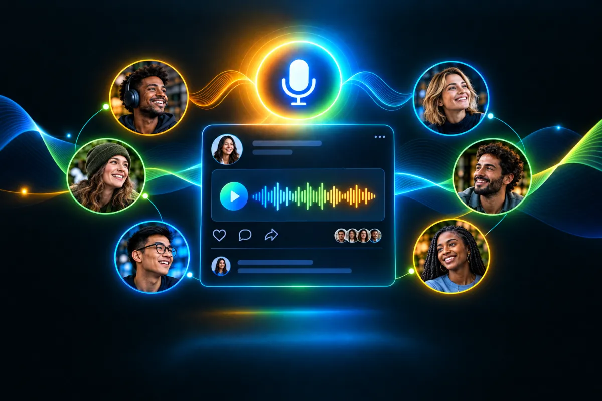 Attractzen community feed showing voice note waveform player inside a post with member avatars