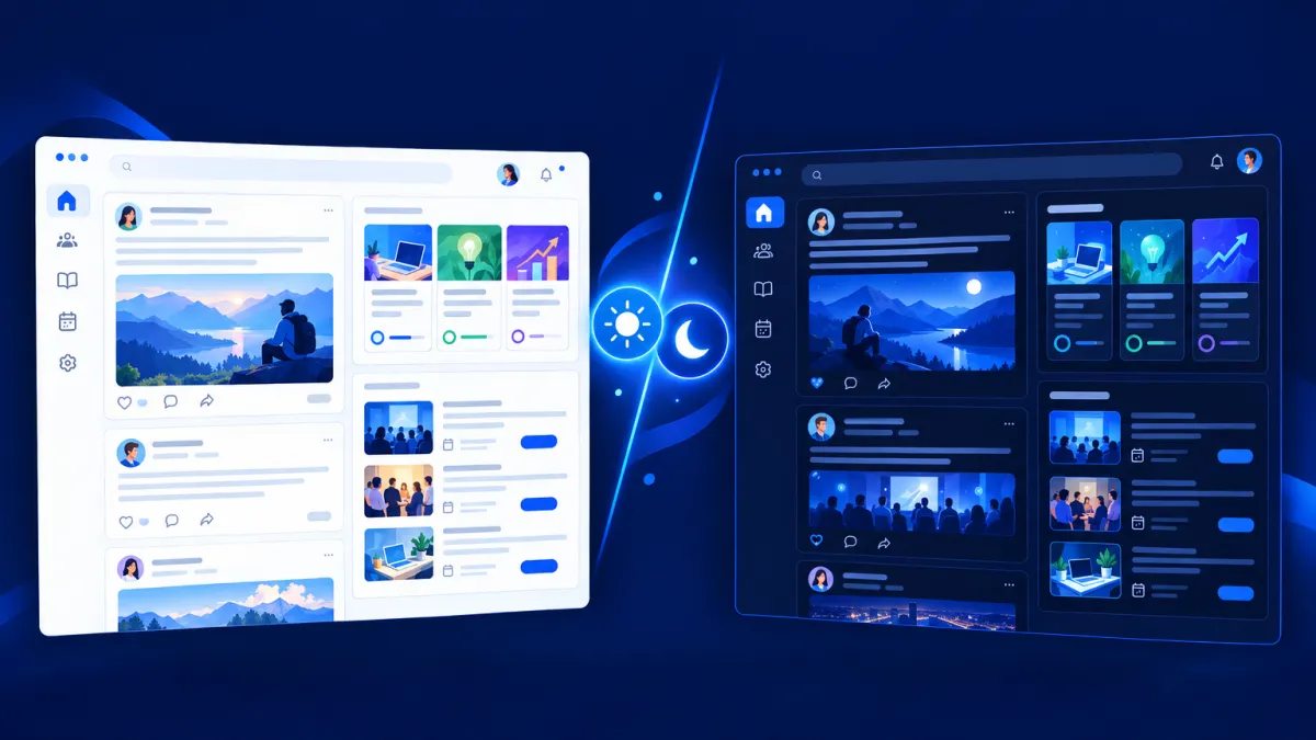 Attractzen community interface split between light and dark mode — glowing moon and sun icons dividing branded light and dark community views
