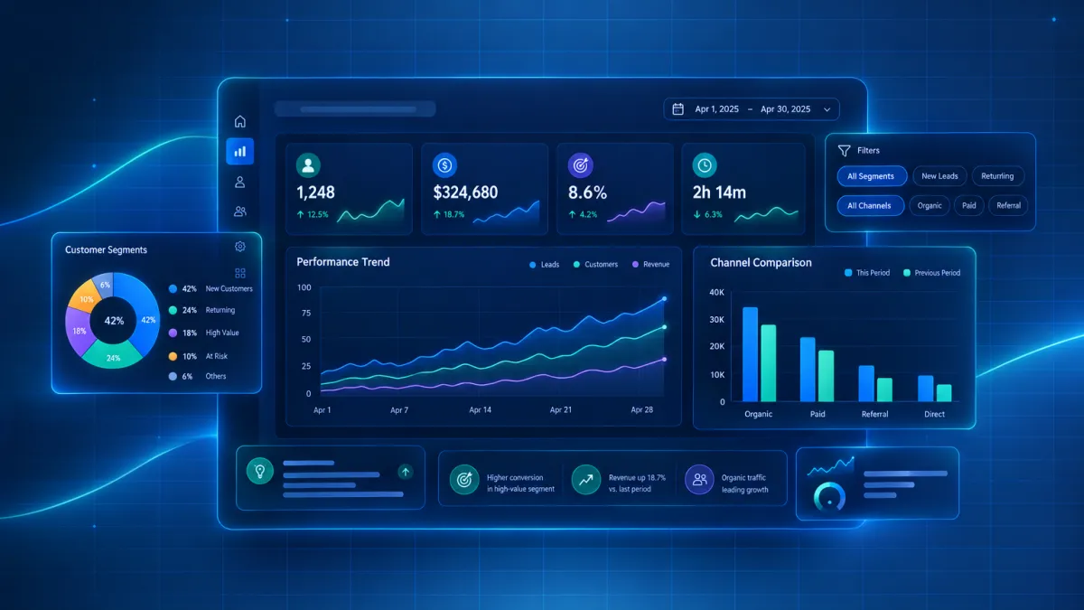 Attractzen dashboard with fully customized data widgets - filters, date ranges, comparison modes, and branded themes applied
