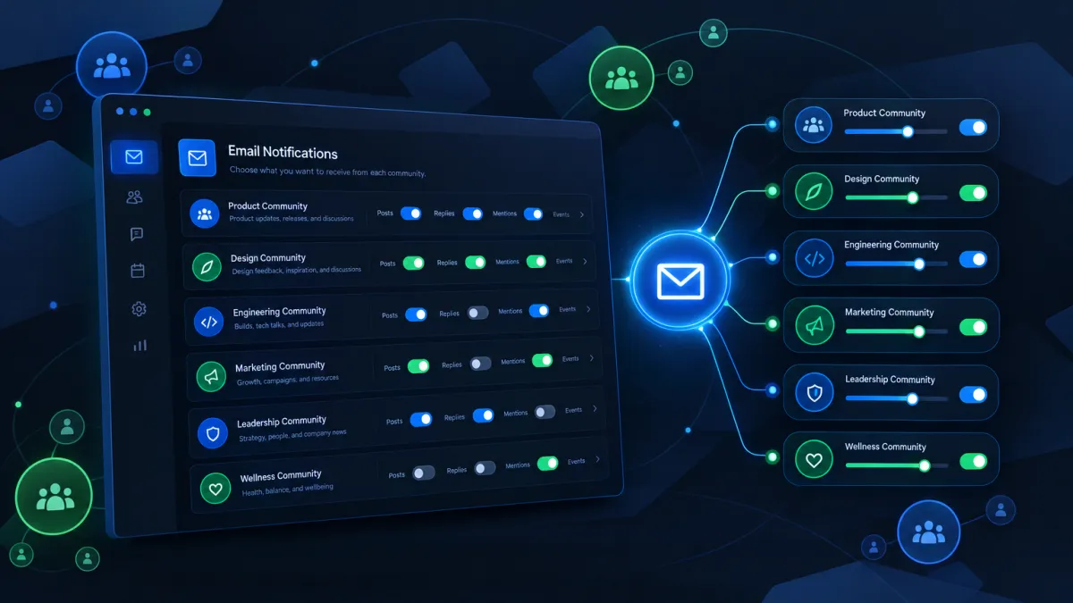 Dashboard interface showing granular email unsubscribe toggle controls for community notifications in Attractzen