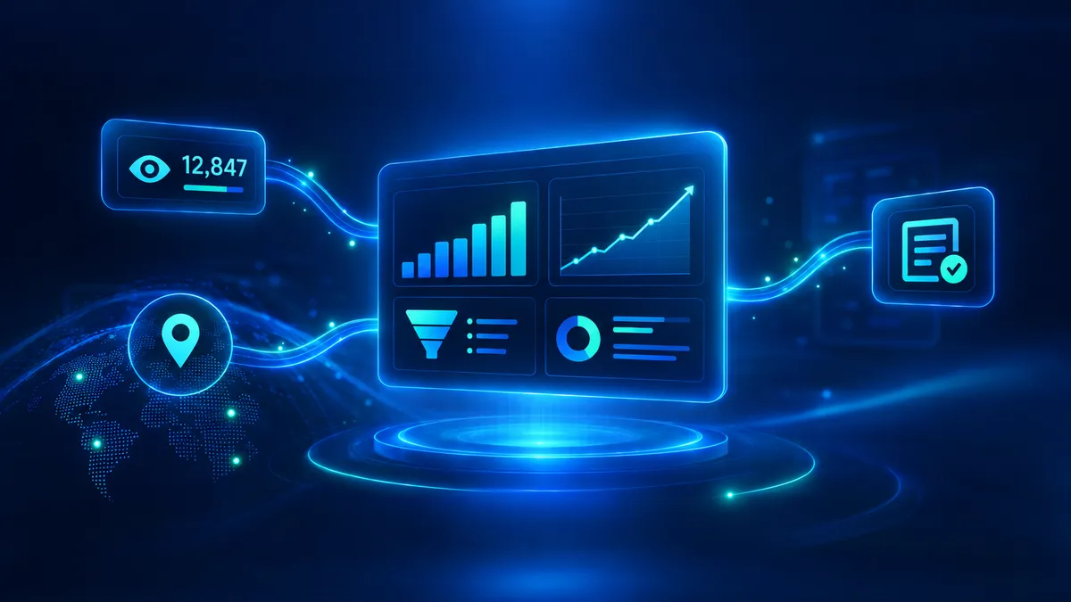 Attractzen AI Studio analytics dashboard showing glowing bar charts, line graphs, opt-in metrics, and geographic traffic data on a dark navy background