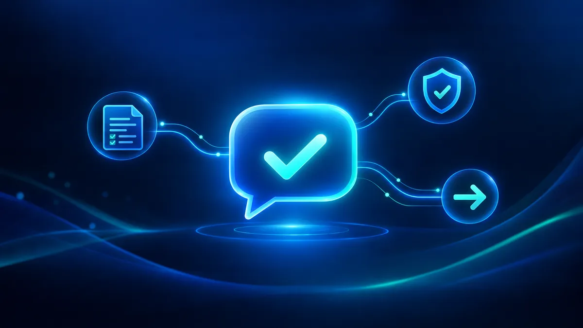 Attractzen A2P SMS campaign rejection guidance — glowing speech bubble with checkmark, compliance shield, and campaign registration document icons on a dark navy background