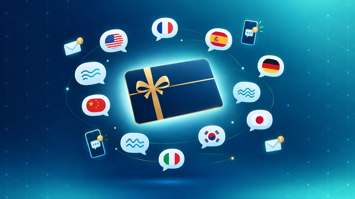 Stylized gift card surrounded by multilingual speech bubbles and envelope notification icons on a navy and teal gradient background