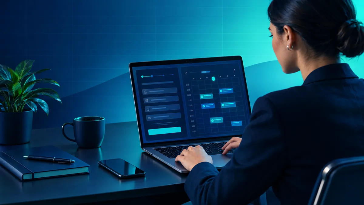 Business professional filling out a digital intake form linked to a service booking on a laptop with a glowing calendar interface in the background