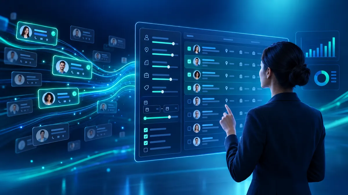 Professional reviewing filtered data records on a glowing screen with date range selectors and contact filter sliders on a deep navy and teal background