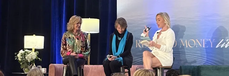 Panel discussion at the Relaxed Money Live event featuring Lynne Twist and speakers discussing sustainable wealth, money mindset, and financial well-being.