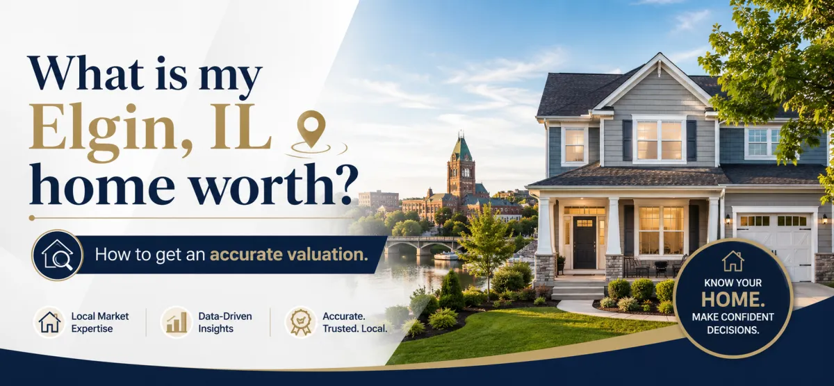 Couple with real estate agent discussing home value in Elgin, IL