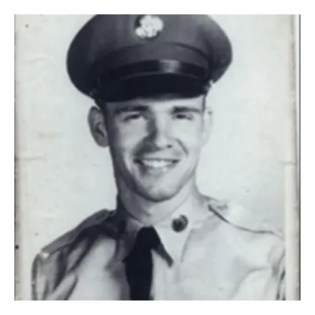 Matt's father portrait in black and white, wearing his American soldier uniform.