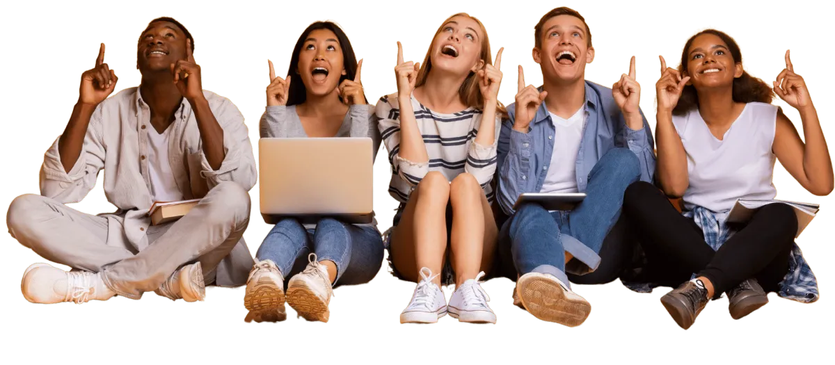 People sitting and pointing up to join the REDBO affiliate program."