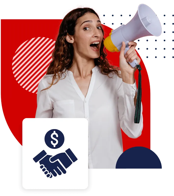 A woman holding a megaphone to announce the REDBO affiliate program