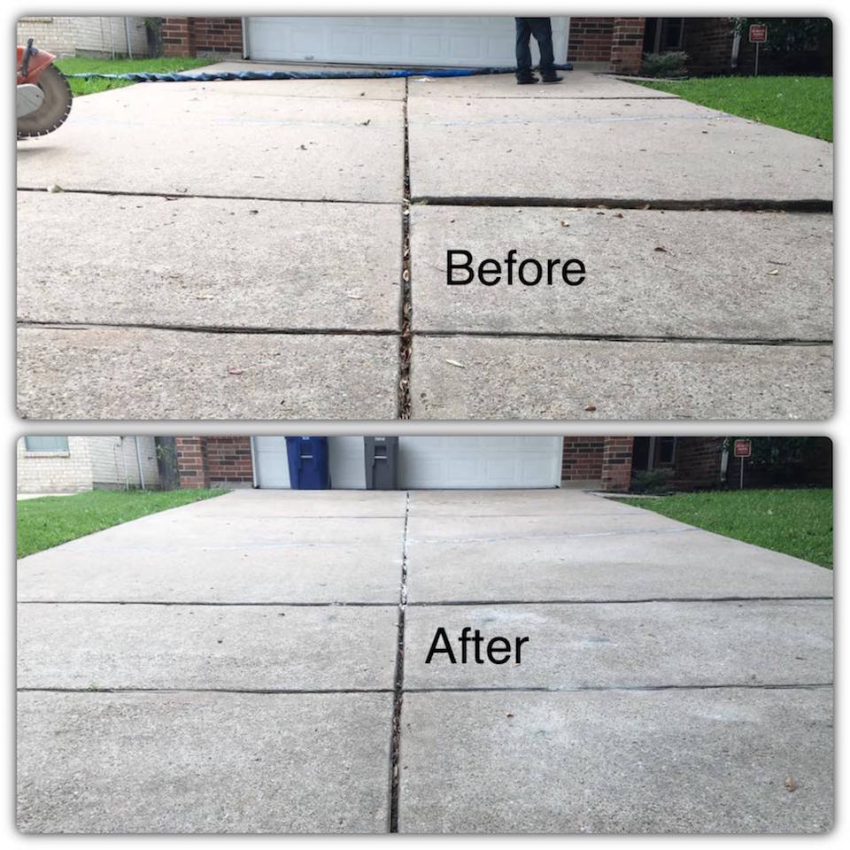 Before and after view of a driveway repaired and leveled to remove sinking and trip hazards.