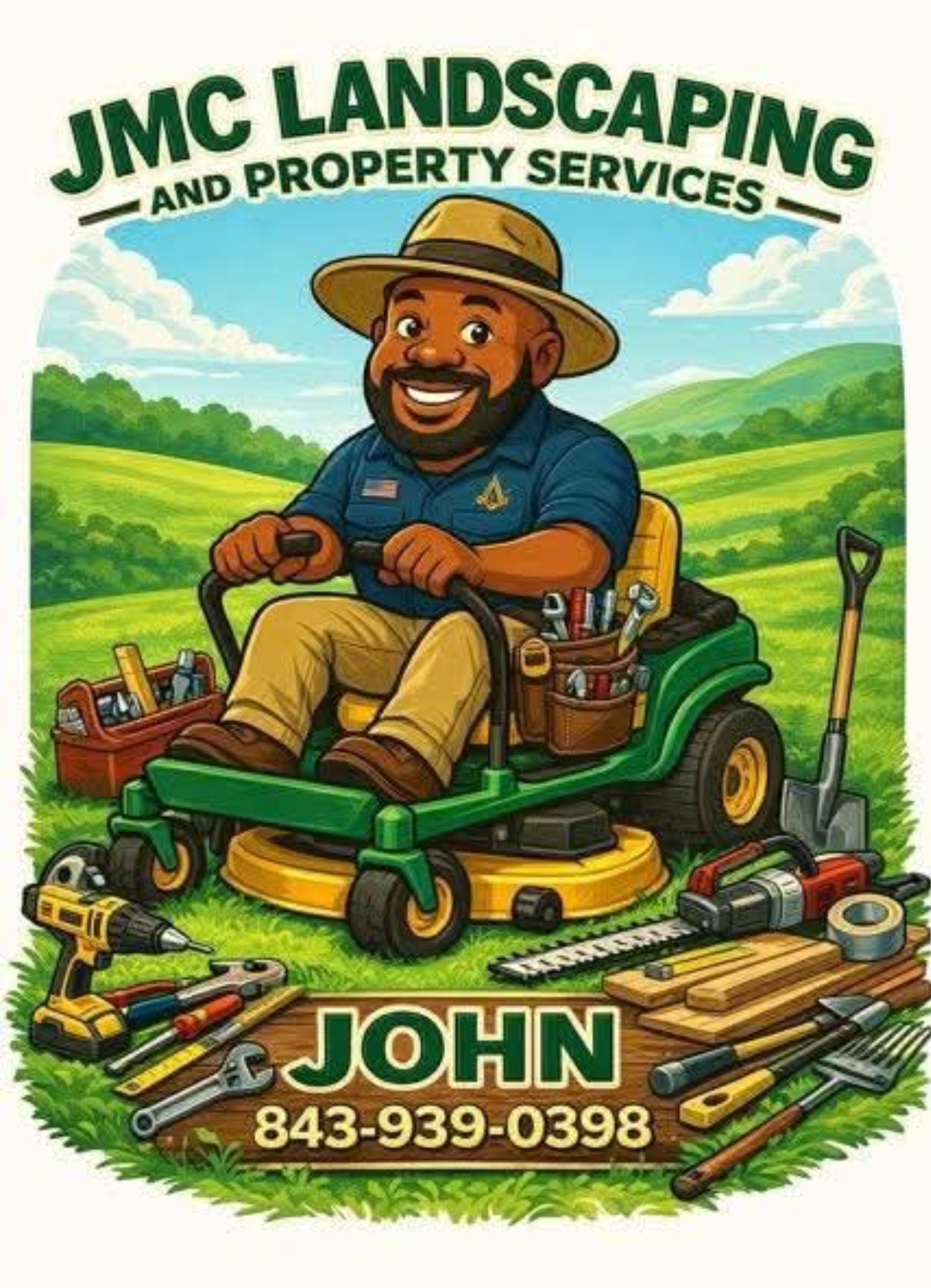 JMC Landsaping Logo With a picture of John cutting grass