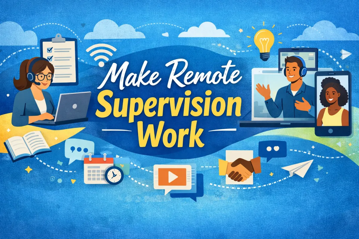 Illustrated blog banner for “Remote RBT® Supervision: When It Works, When It Doesn’t, and How to Do It Right,” featuring a BCBA® supervisor observing an RBT® session on a laptop screen with icons representing feedback, data collection, and ethical ABA supervision.