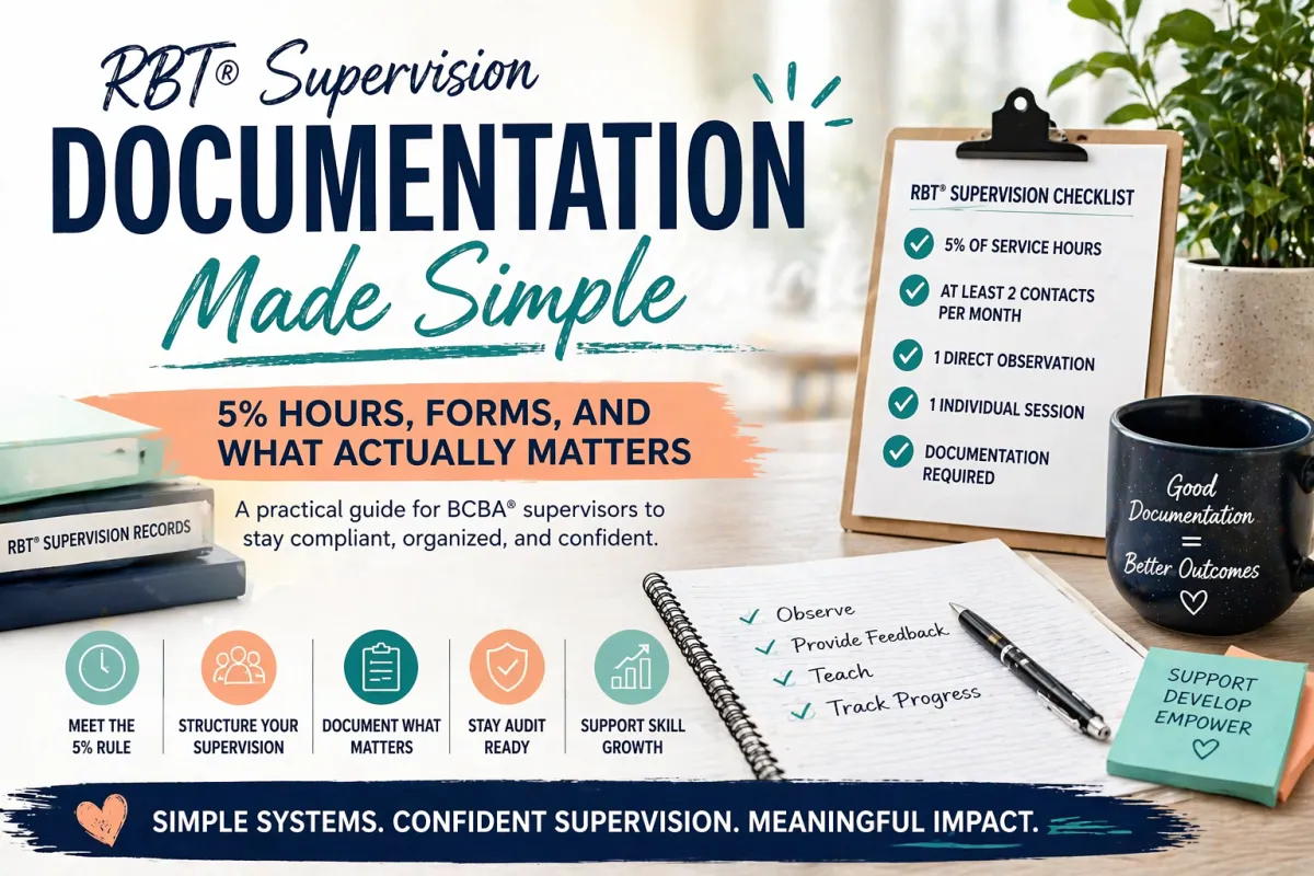 RBT® supervision documentation banner with checklist, notebook, and tools representing 5% rule, compliance, and ABA supervision organization.