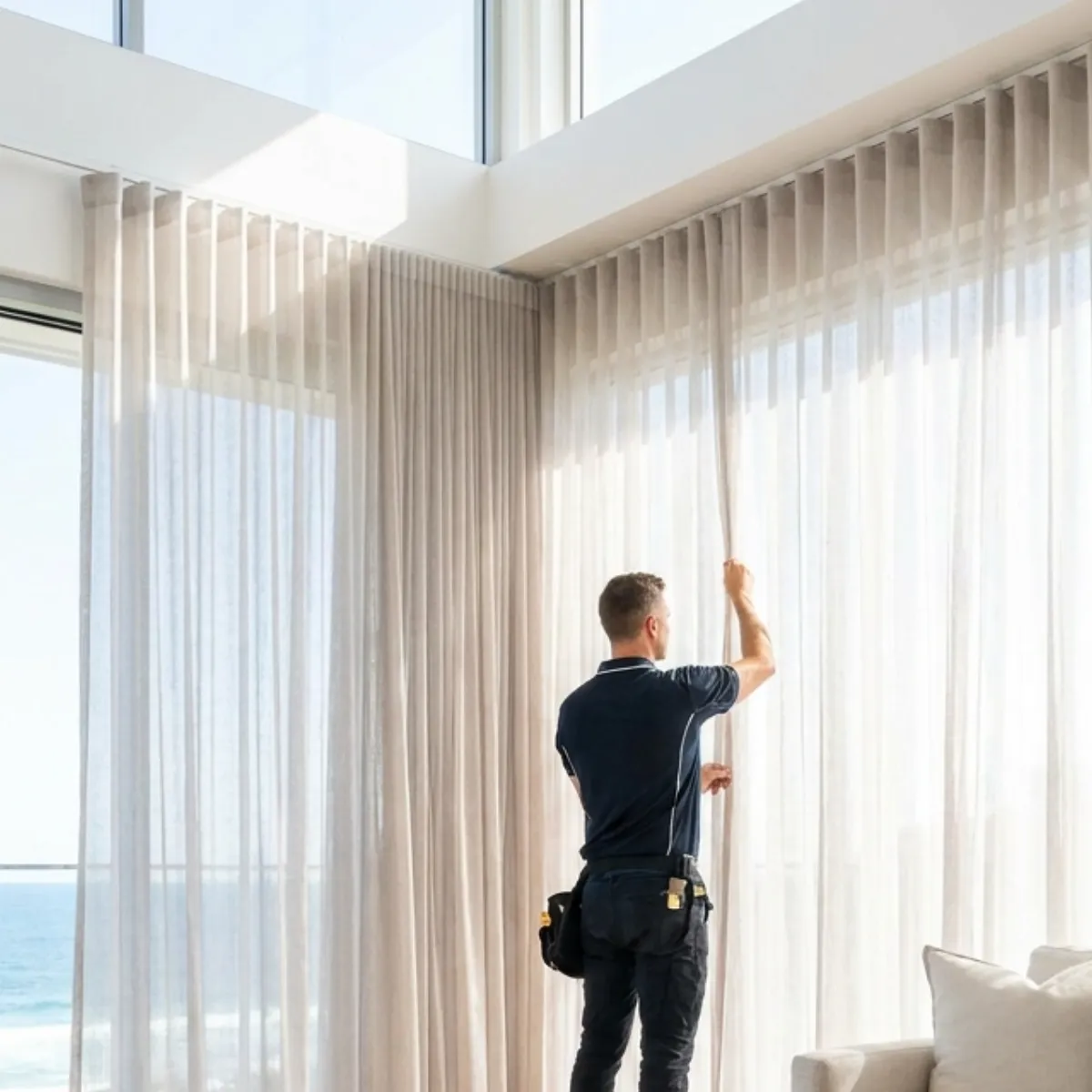 Coastline Blinds owner providing a free in-home consultation for custom curtains