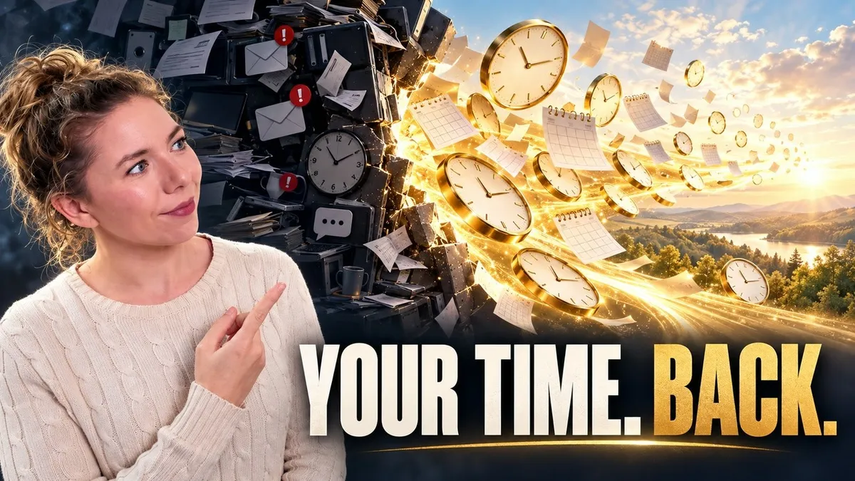 Marie Cowgill beside a clock breaking apart into a sunlit landscape, with the words “Your time. Back.”
